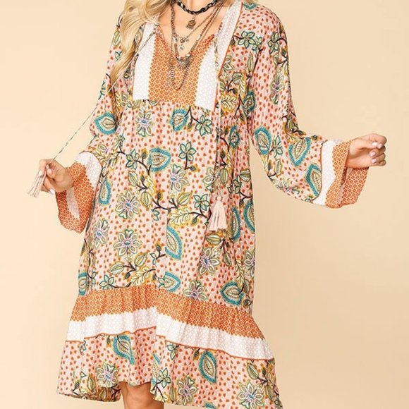 Gigio Dresses Orange Boho Placement Floral Print Ruffled Dress